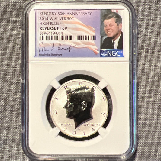 2014 W Silver 50c Kennedy Anniversary High Relief Reverse PF 69