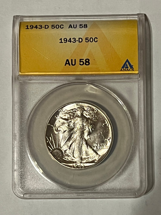 1943-D 50c Walking Half - AU58